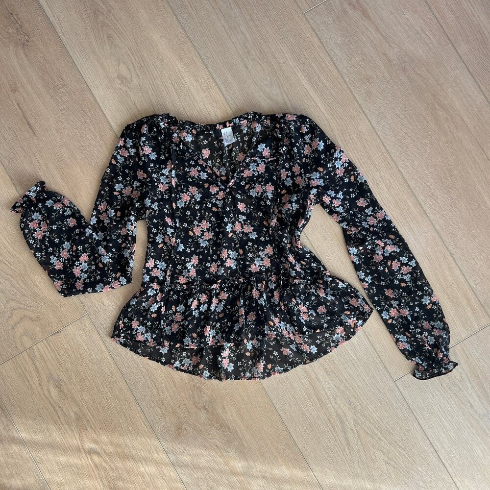Sheer Long Sleeve Floral Blouse with Ruffle Bottom, Size S